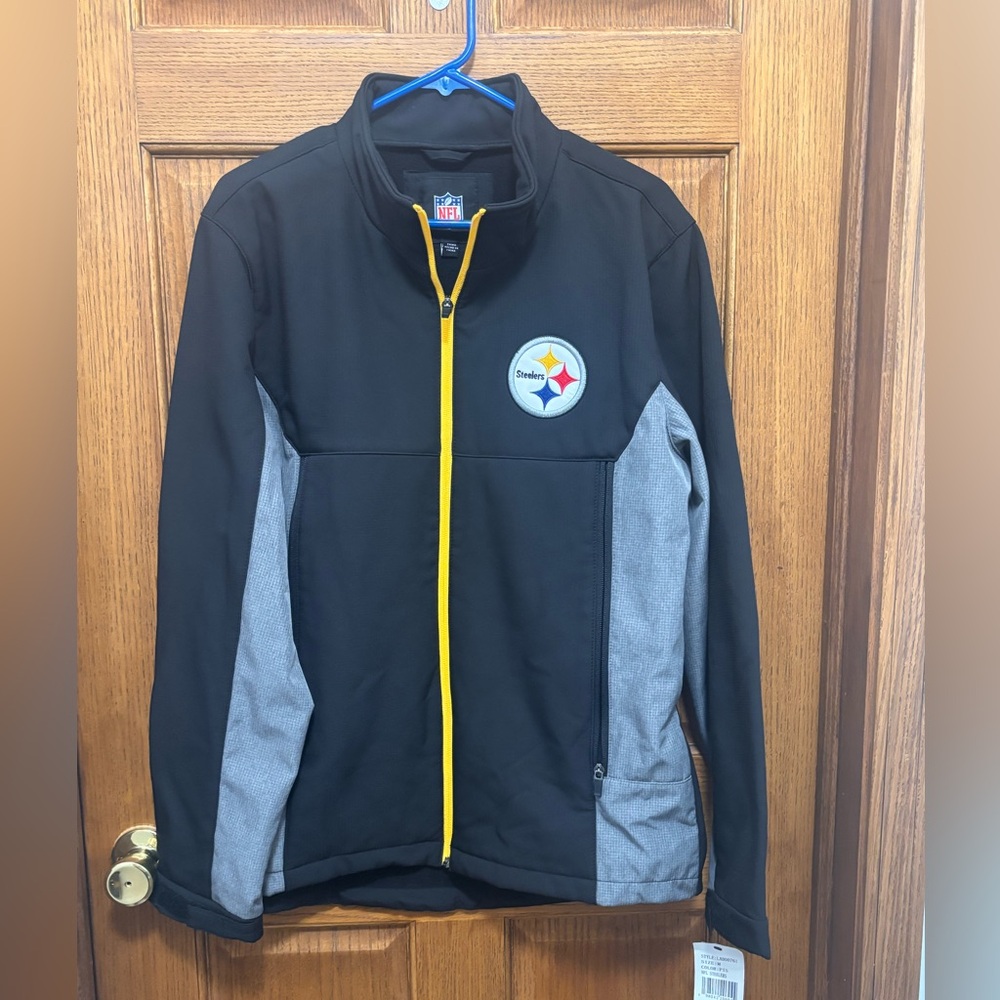 NFL Steelers Black Performance Jacket with Gray Panels and Yellow Zipper